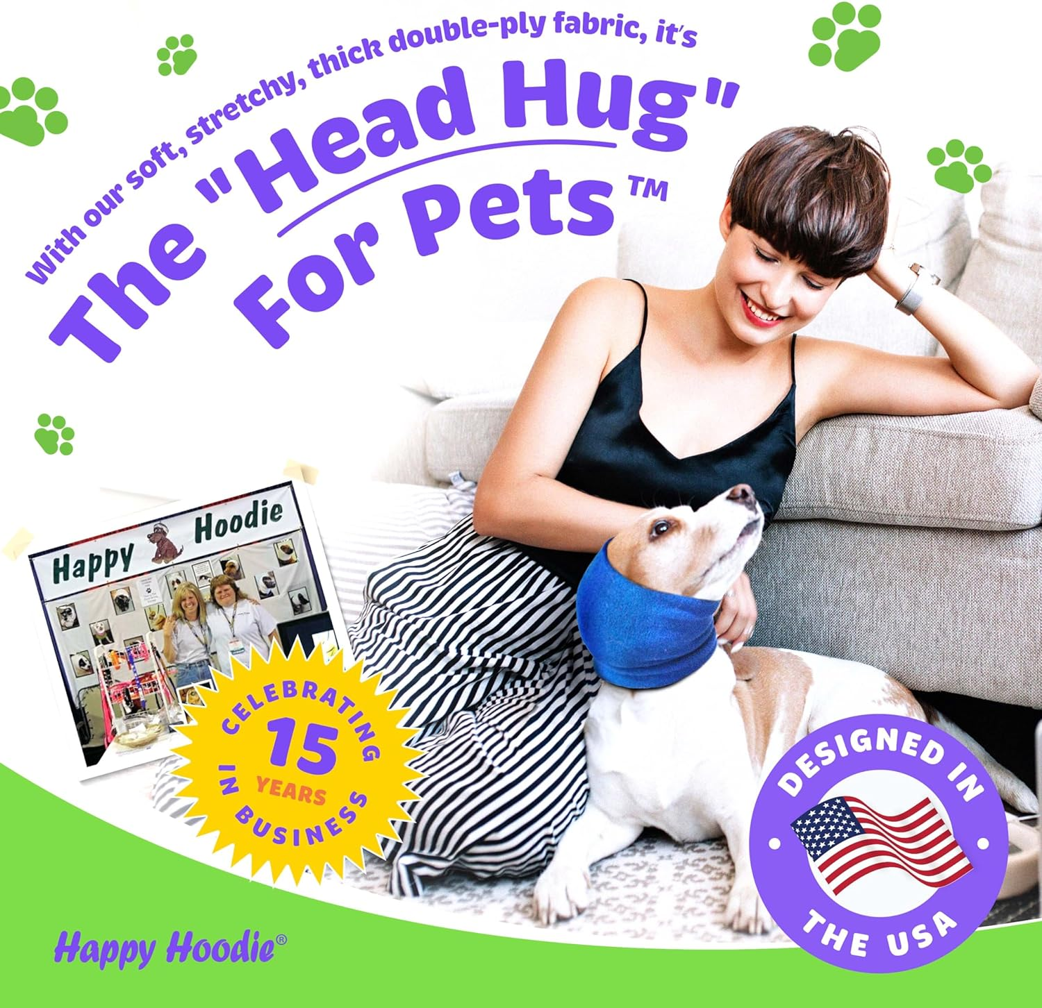 Product graphic describing benefits of product and picture of woman petting dog while wearing the hoodie. 