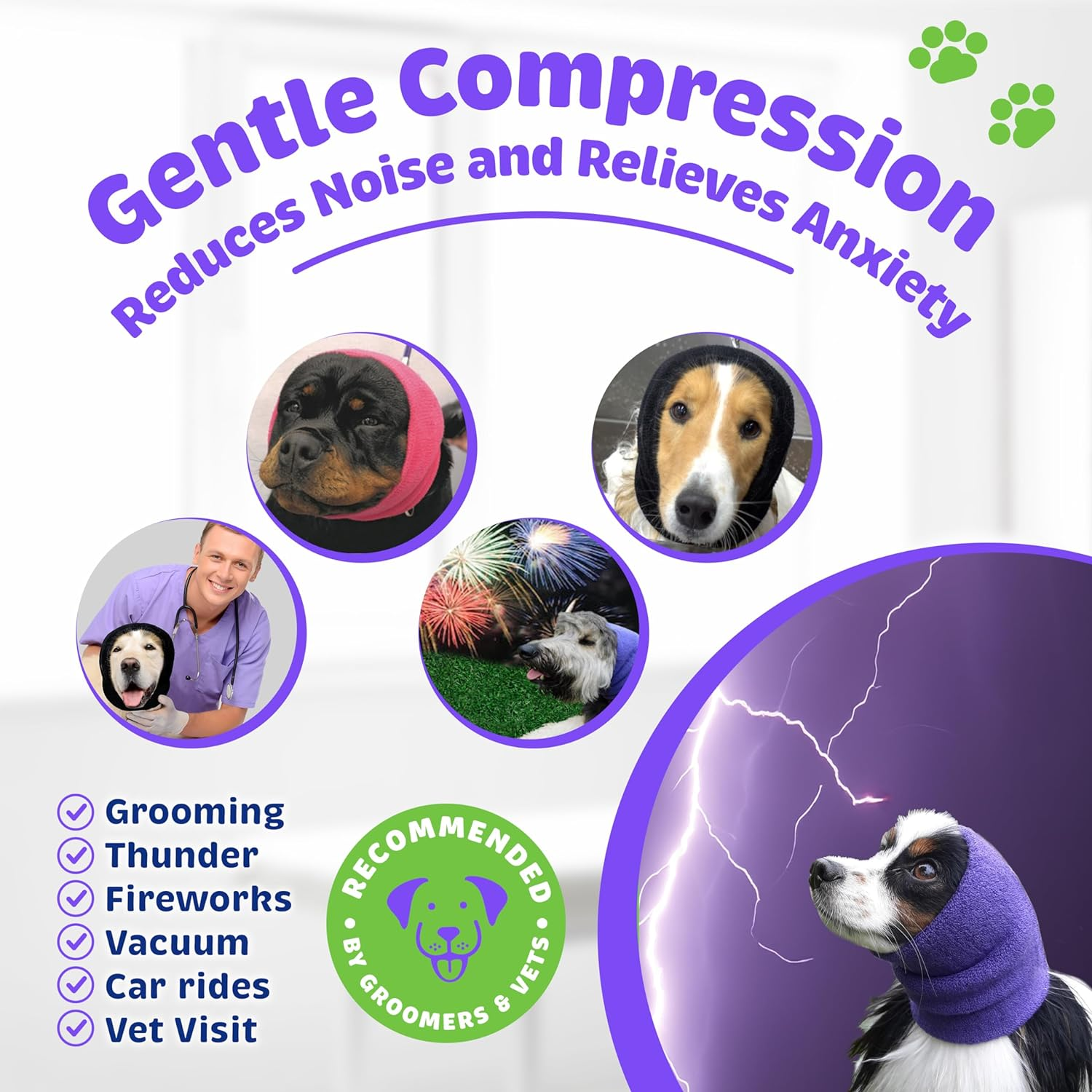 Product graphic describing benefits of product and shows multiple instances of dog wearing the product. 