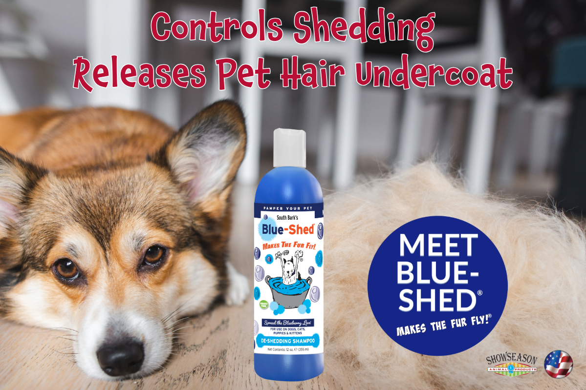 Puppy laying down with words describing how the shampoo controls shedding. 