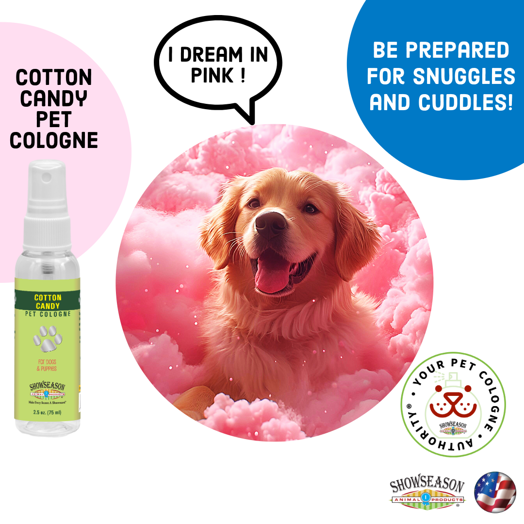 Golden retriever in pink cotton candy promoting Cotton Candy Pet Cologne by Showseason with bubble that says "I dream in pink!"