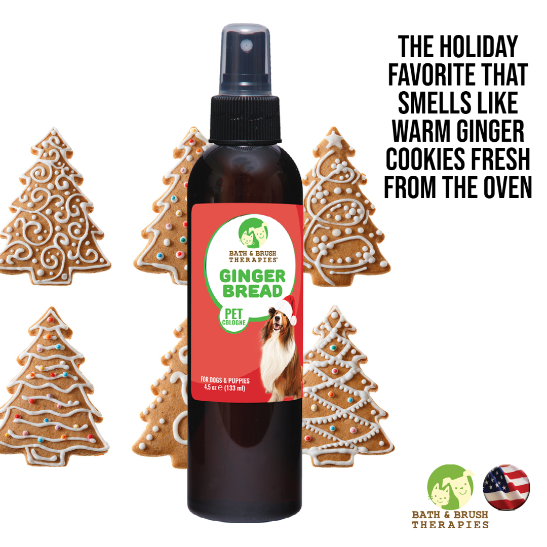 Ginger Bread Pet Cologne over a background of frosted gingerbread cookies and a message describing the smell. 
