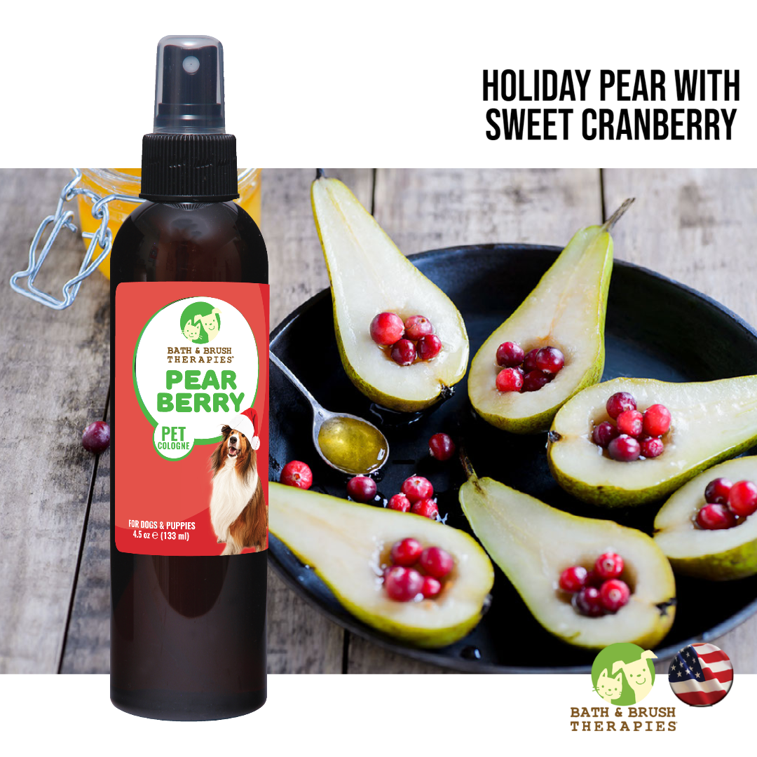 Bath and Brush Therapies Pear Berry Pet Cologne in 4.5 ounce pump spray bottle placed on a background of a picture of a bear and cranberry dish. 