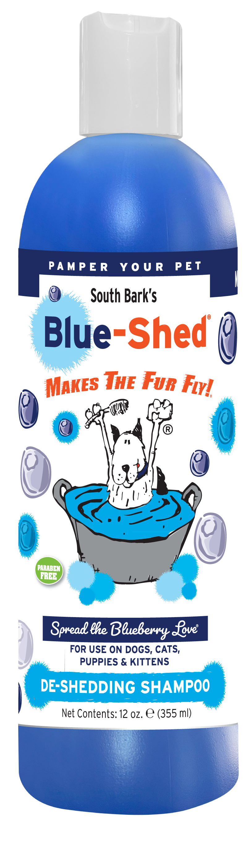 South Bark's Blue-Shed De-shedding Shampoo with product information and instructions in 12 ounce bottle. 