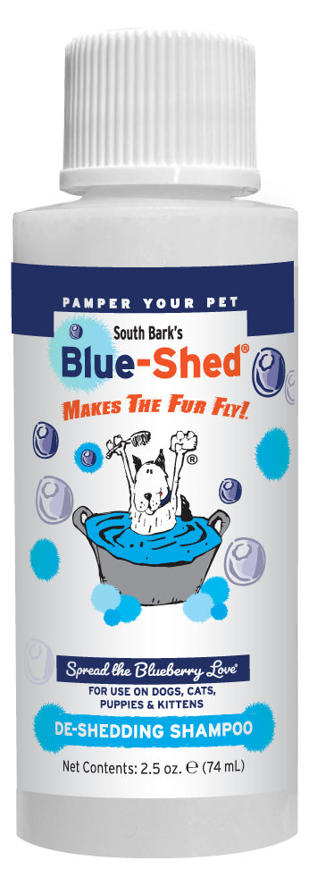 South Bark's Blue-Shed De-shedding Shampoo with product information and instructions in 2.5 ounce bottle. 