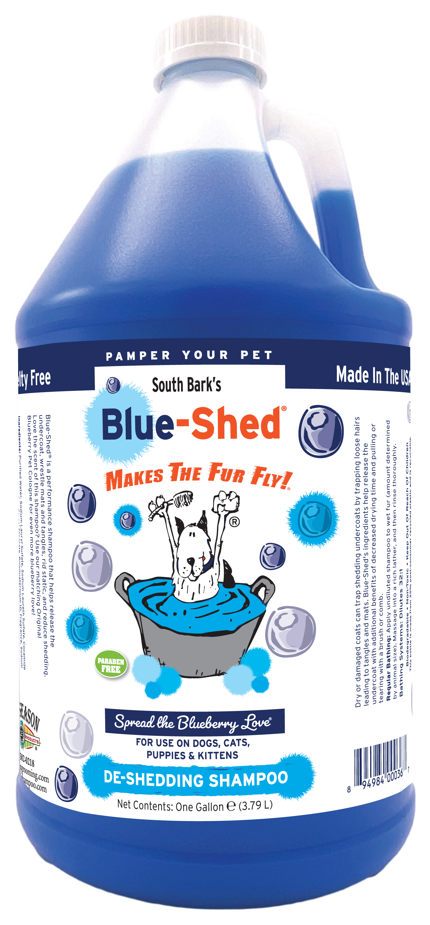 South Bark's Blue-Shed De-shedding Shampoo with product information and instructions in one gallon bottle. 