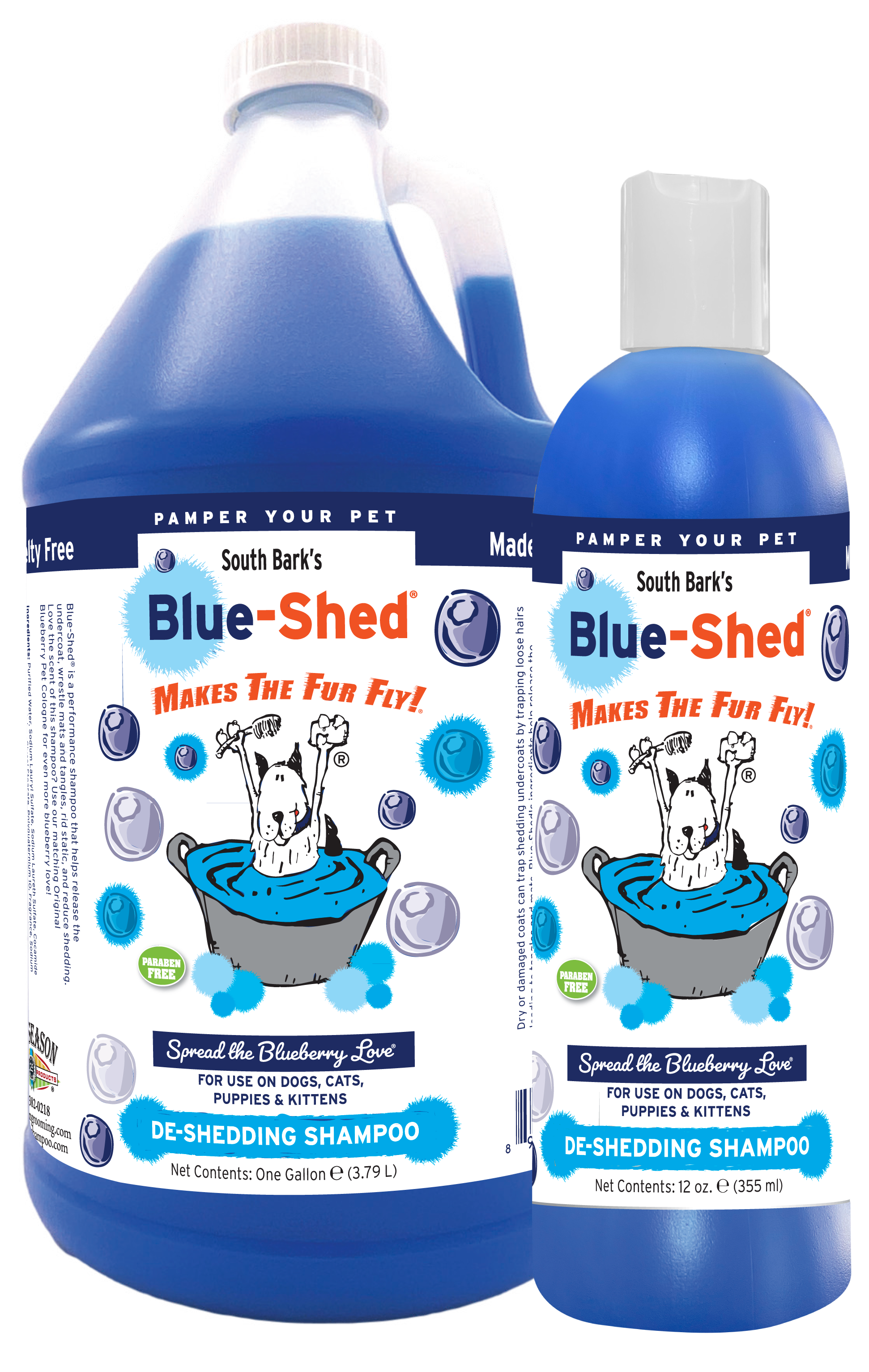 South Bark's Blue-Shed De-shedding Shampoo with product information and instructions in one gallon and 12 ounce bottle. 