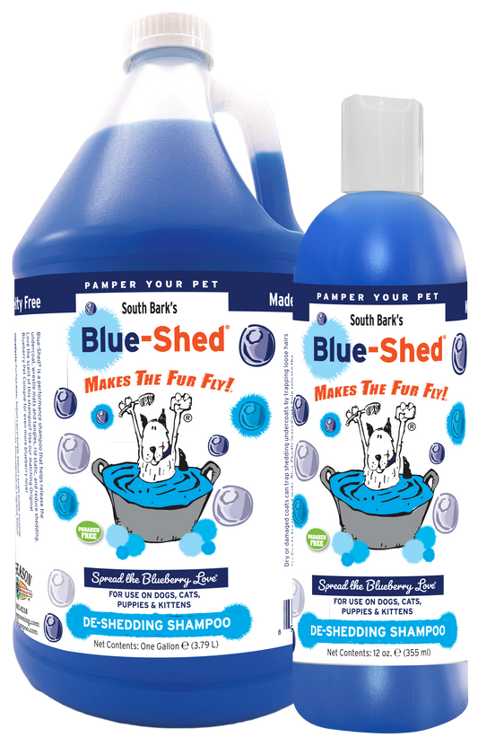 South Bark's Blue-Shed De-shedding Shampoo with product information and instructions in one gallon and 12 ounce bottle. 