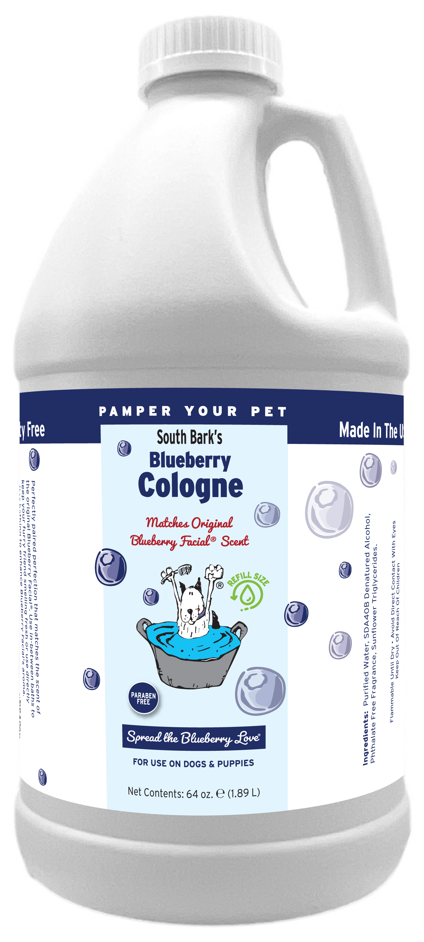 South Bark's Blueberry Cologne in 64 ounce bottle. 