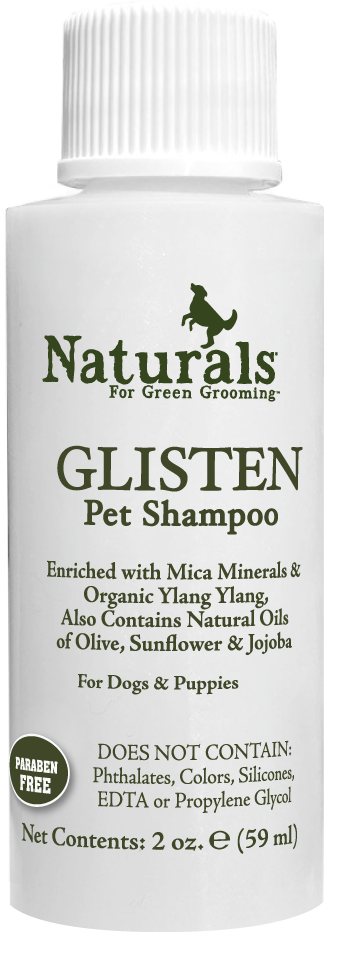 Glisten Pet Shampoo with ingredients and instructions in a 2 ounce bottle. 