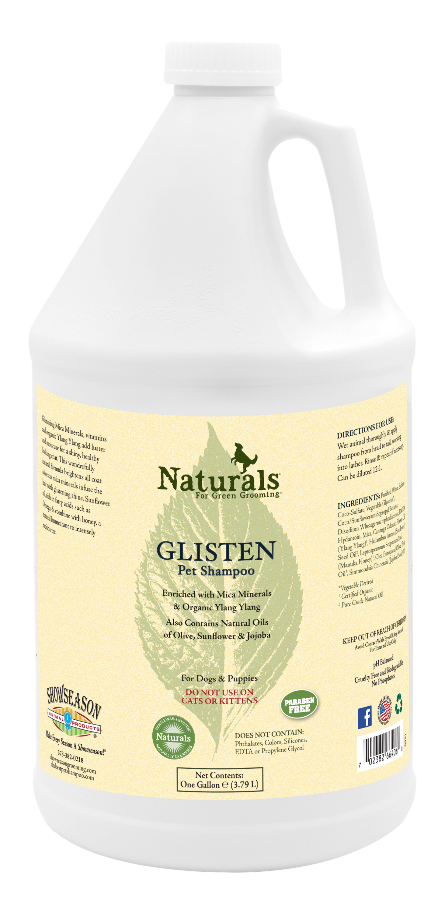 Glisten Pet Shampoo with ingredients and instructions in a one gallon bottle. 