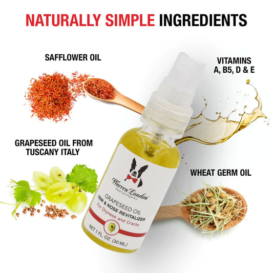 Grapseed Oil Paw and Nose Revitalizer graphic that describes its simple ingredients. 