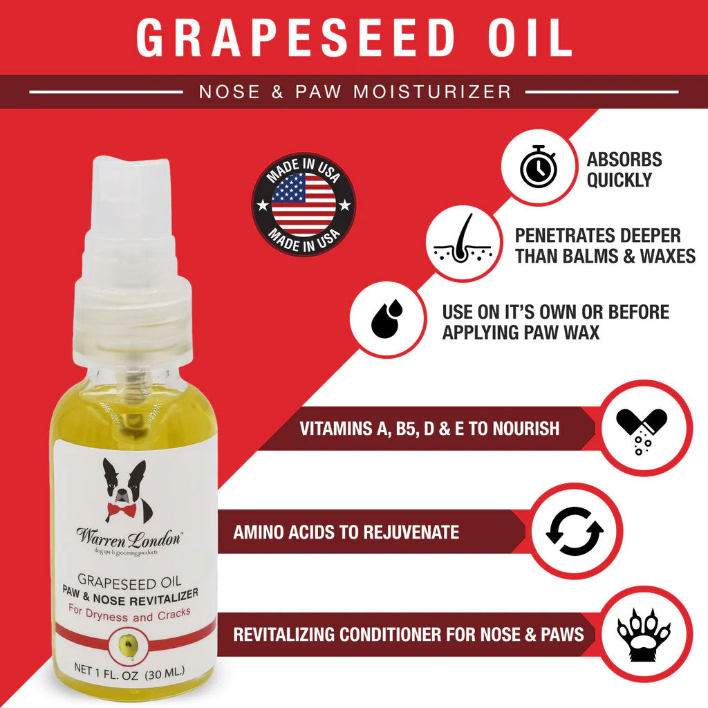 Grapseed Oil Paw and Nose Revitalizer graphic describing its benefits and instructions