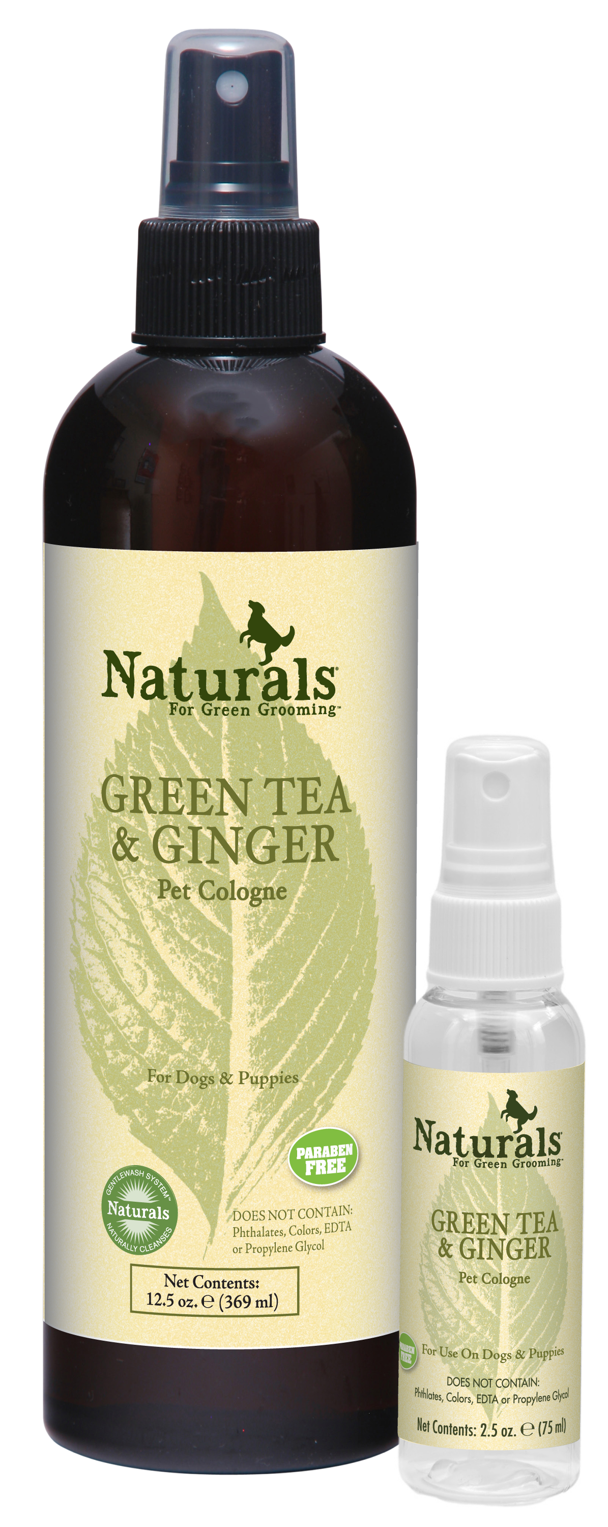 Green Tea and Ginger Pet Cologne by Naturals for Green Grooming in a 12.5 ounce and a 2.5 ounce pump spray bottle. 
