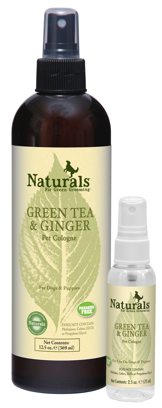 Green Tea and Ginger Pet Cologne by Naturals for Green Grooming in a 12.5 ounce and a 2.5 ounce pump spray bottle. 
