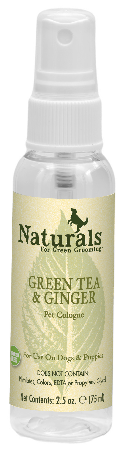 Green Tea and Ginger Pet Cologne by Naturals for Green Grooming in a 2.5 ounce pump spray bottle. 
