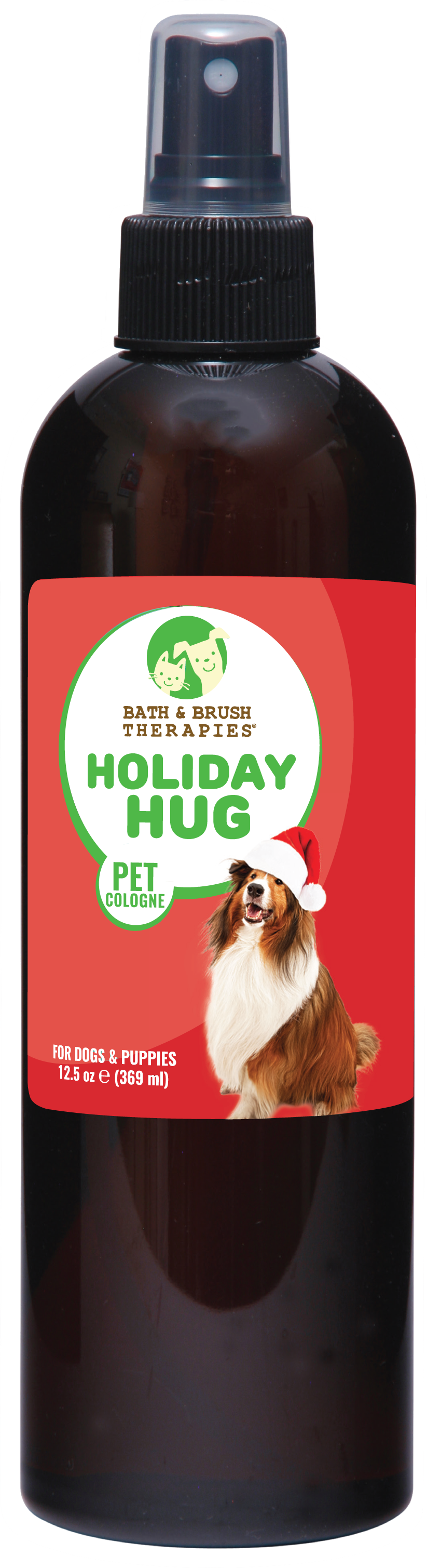 Holiday hug pet cologne in 12.5 ounce pump spray bottle. 