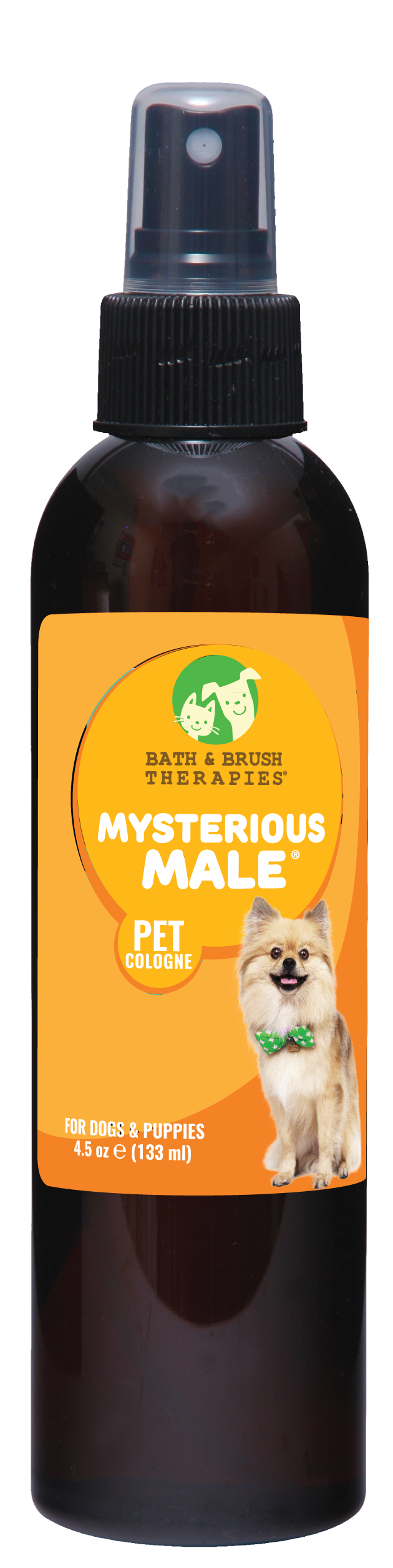 Mysterious Male Pet Cologne by Bath and Brush Therapies in 4.5 ounce pump spray bottle with little dog on the front of the bottle. 