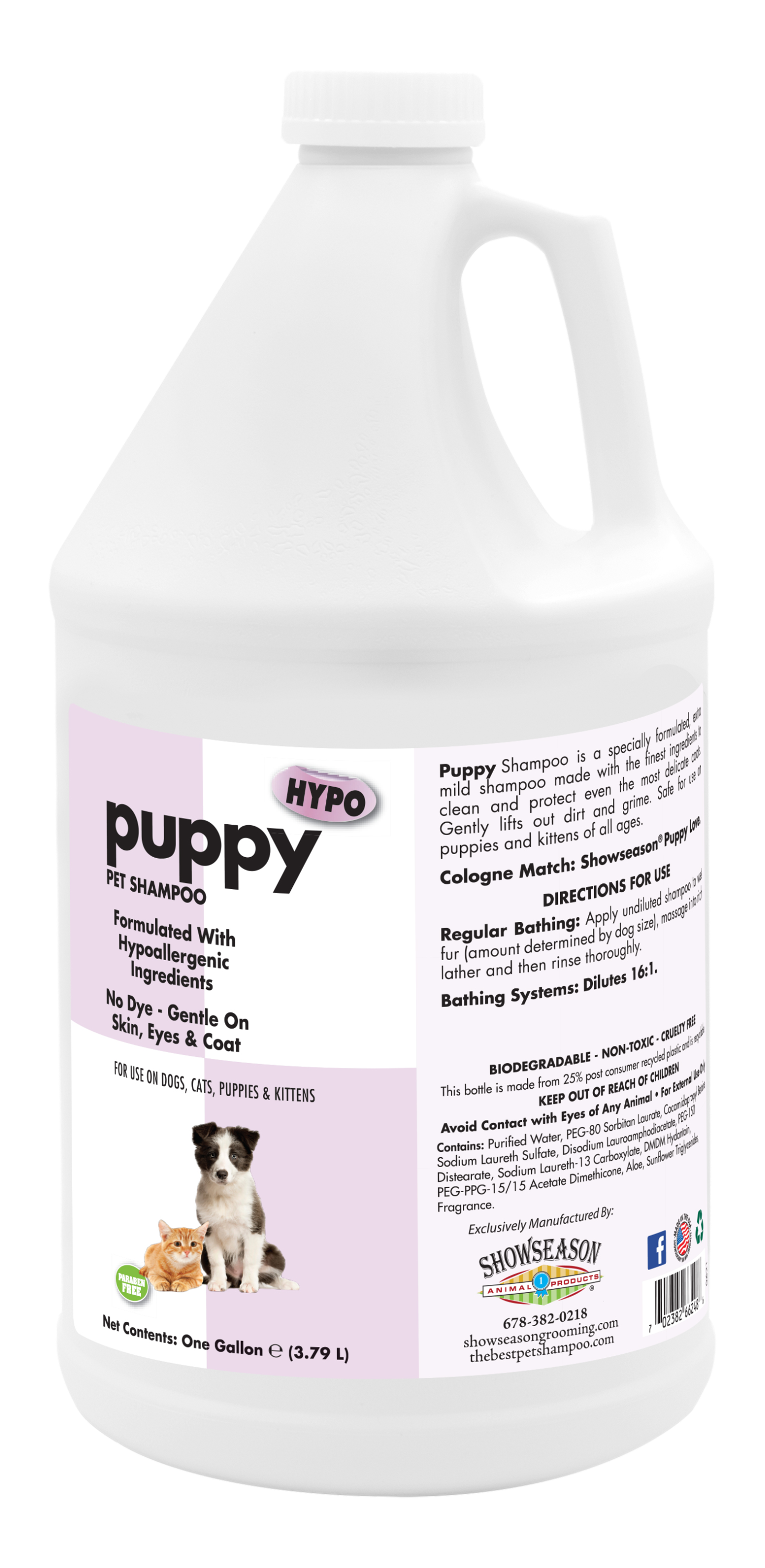 Puppy hypo pet shampoo with product information in a 1 gallon bottle. 