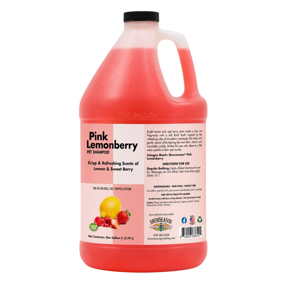 Front view of a gallon jug of Showseason® Pink Lemonberry Pet Shampoo