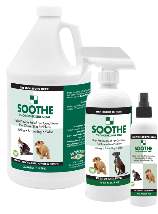Soothe Pet Spray Itch relief in 3 sizes, 1 gallon bottle, 16 ounce spray bottle, and 8 ounce spray bottle. 