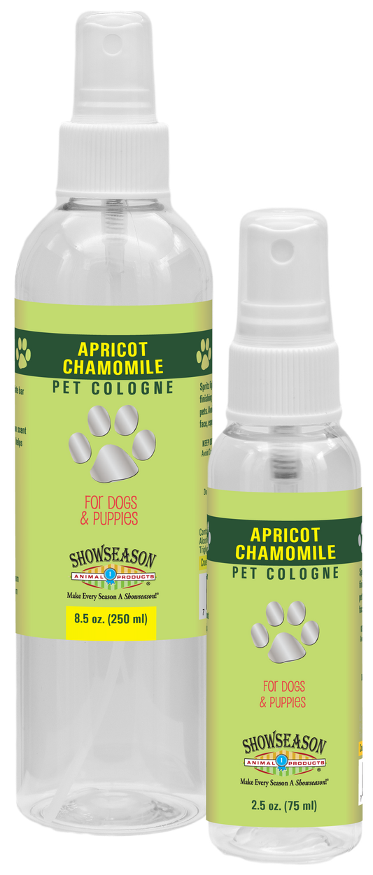 Apricot Chamomile Pet Cologne in 8.5 and 2.5 ounce pump spray bottle. 