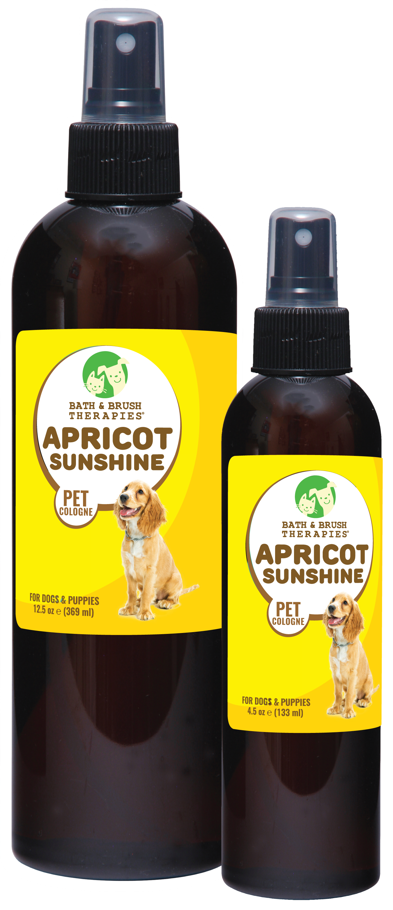 Apricot Sunshine Pet Cologne in 12.5 and 4.5 ounce pump spray bottle. 