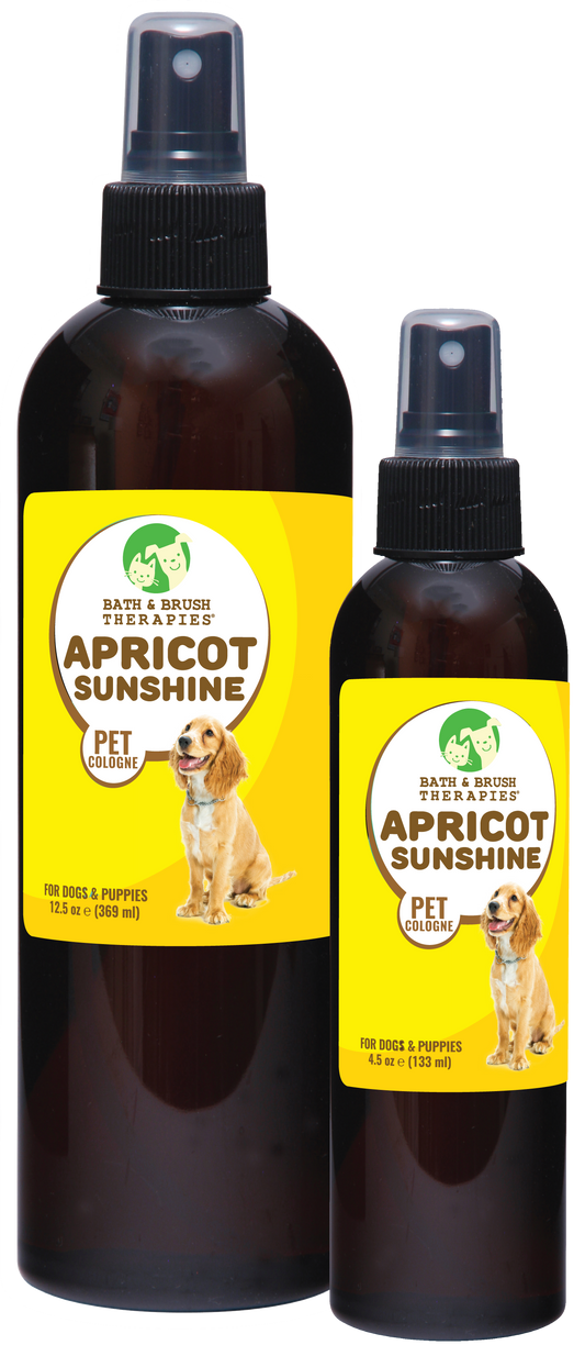 Apricot Sunshine Pet Cologne in 12.5 and 4.5 ounce pump spray bottle. 