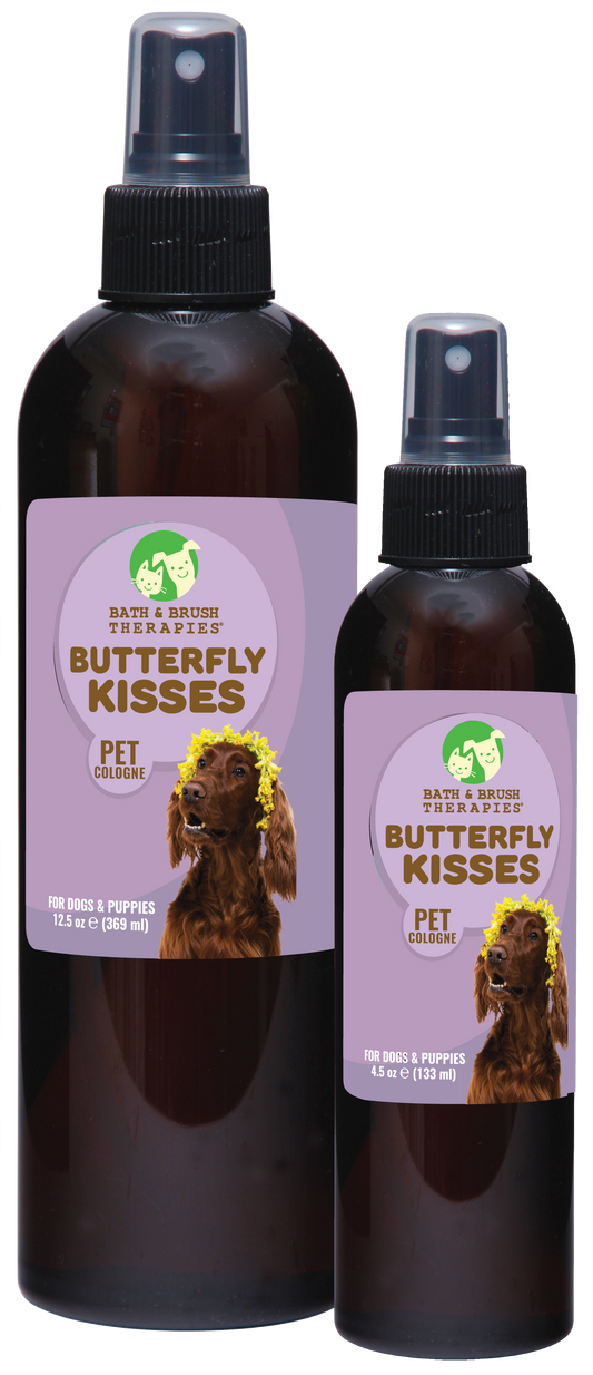 Butterfly Kisses Pet Cologne in 12.5 and 4.5 ounce pump spray bottle. 
