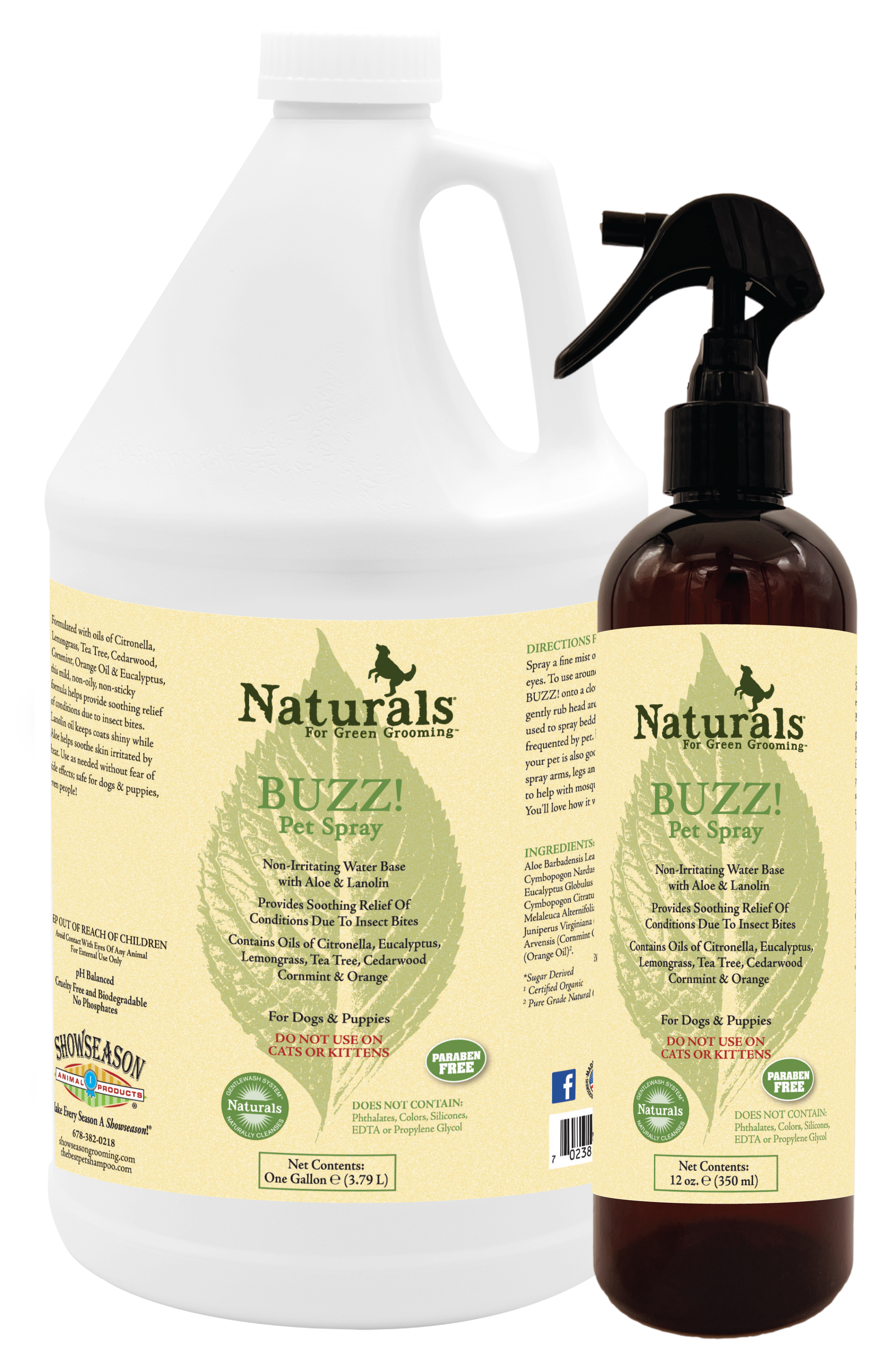 Naturals for Green Grooming Buzz! pet spray with product information in one gallon and 12 ounce bottle. 