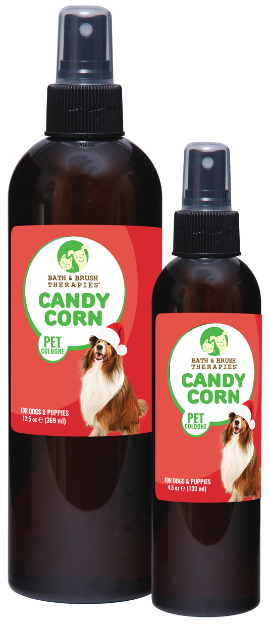 Candy Corn Pet Cologne in 12.5 and 4.5 ounce pump spray bottles. 