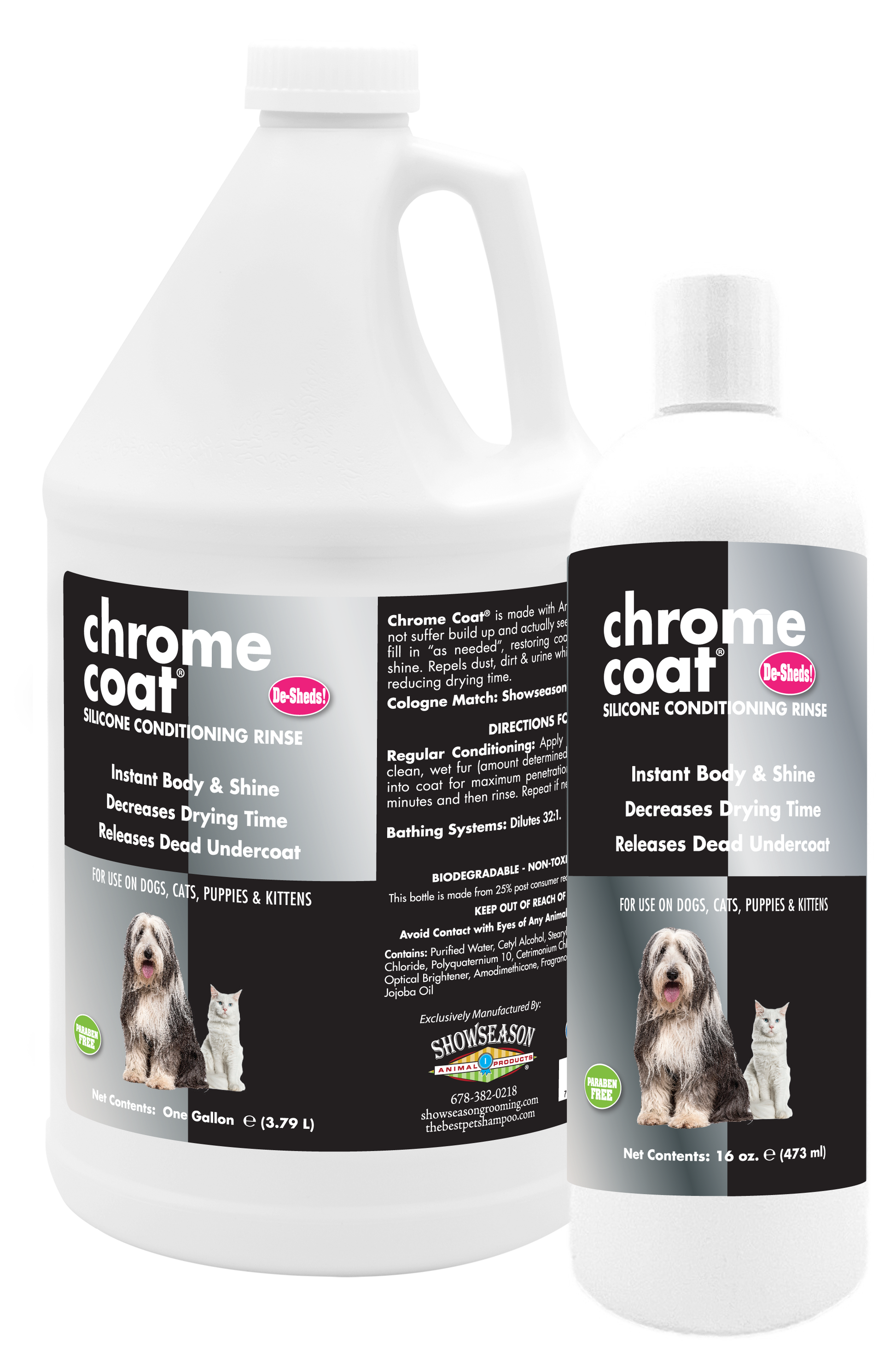 Chrome Coat Silicone Conditioning Rinse with product information and instructions in a one gallon and 16 ounce bottle. 