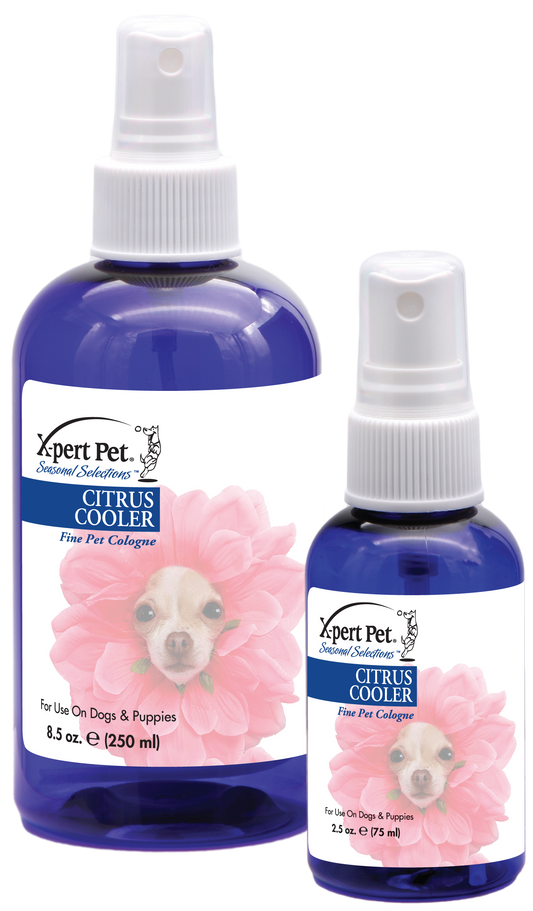 Xpert Pet Seasonal Selection Citrus Cooler Fine Pet Cologne in 8.5 and 2.5 ounce pump spray bottles. 