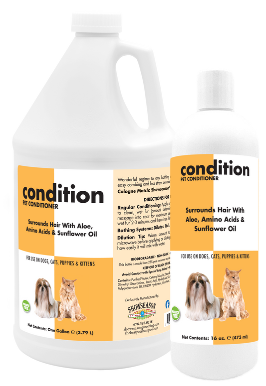 Condition Pet Conditioner with product information and instructions in one gallon and 16 ounce bottles. 