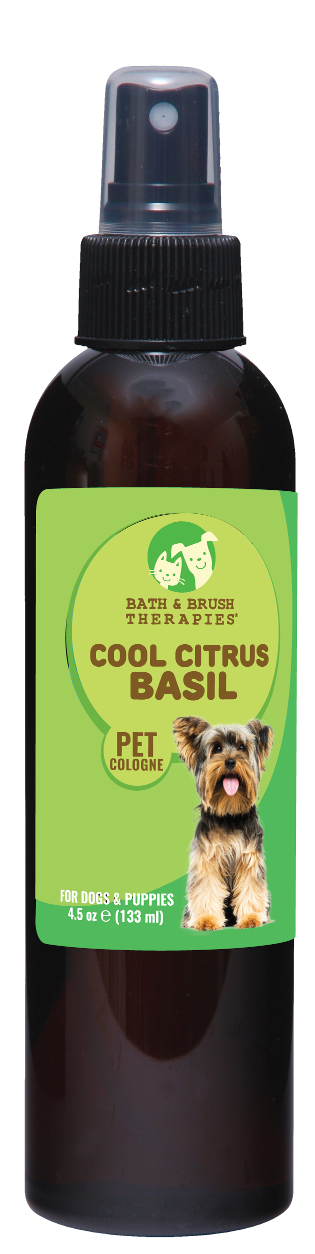Cool Citrus Basil Pet Cologne in 4.5 ounce pump spray bottle. 