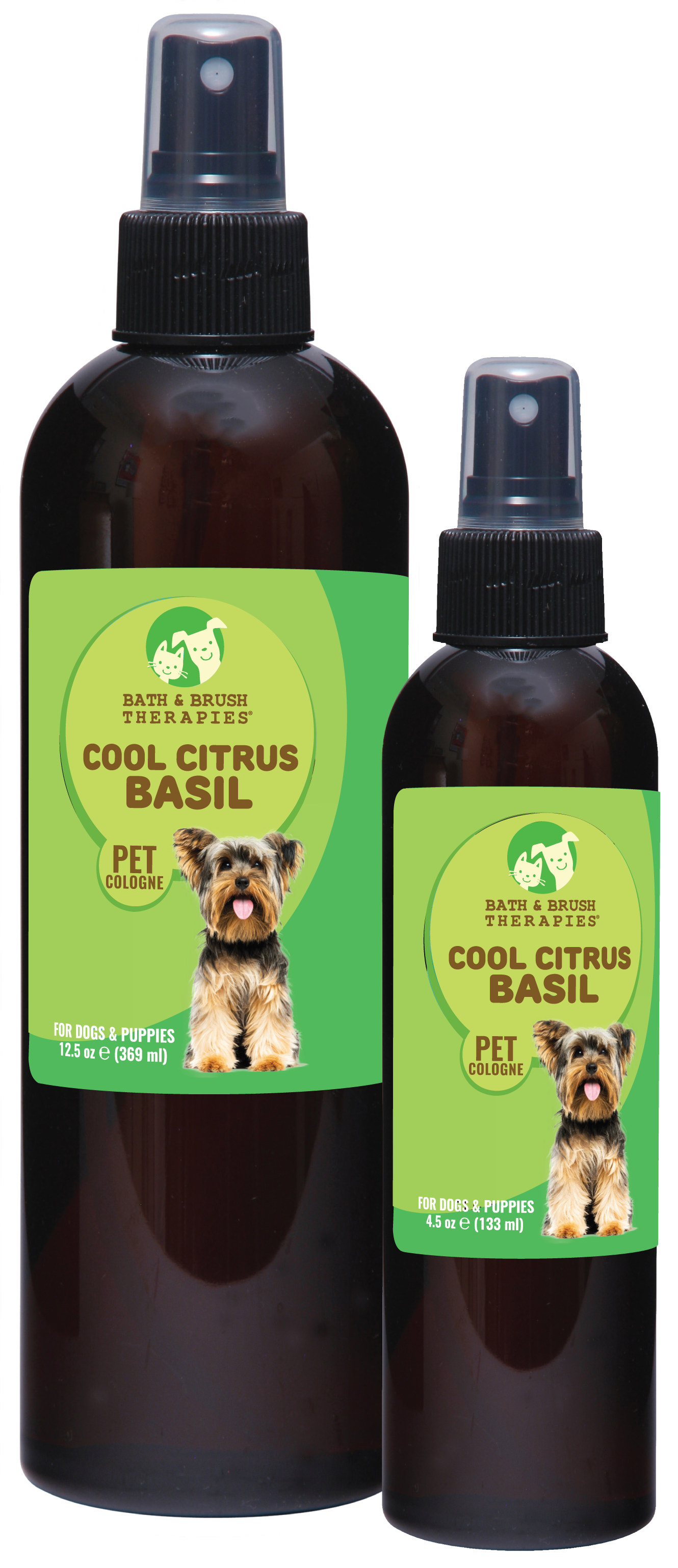 Cool Citrus Basil Pet Cologne in 12.5 and 4.5 ounce pump spray bottle. 