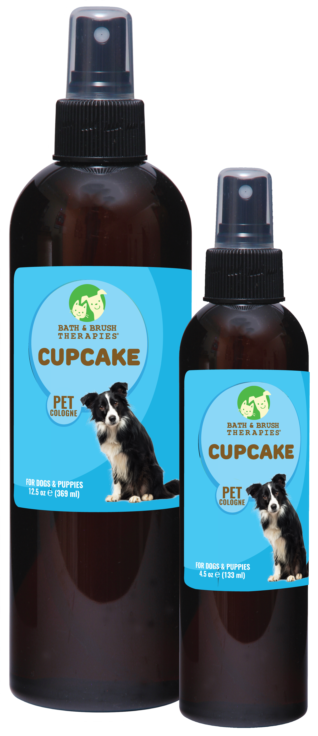 Cupcake Pet Cologne in 12.5 and 4.5 ounce pump spray bottle. 