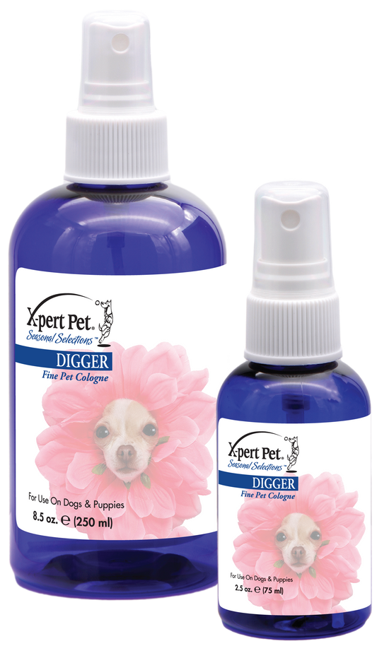 Xpert Pet Seasonal Scents Digger Fine Pet Cologne in 8.5 and 2.5 ounce pump spray bottles. 