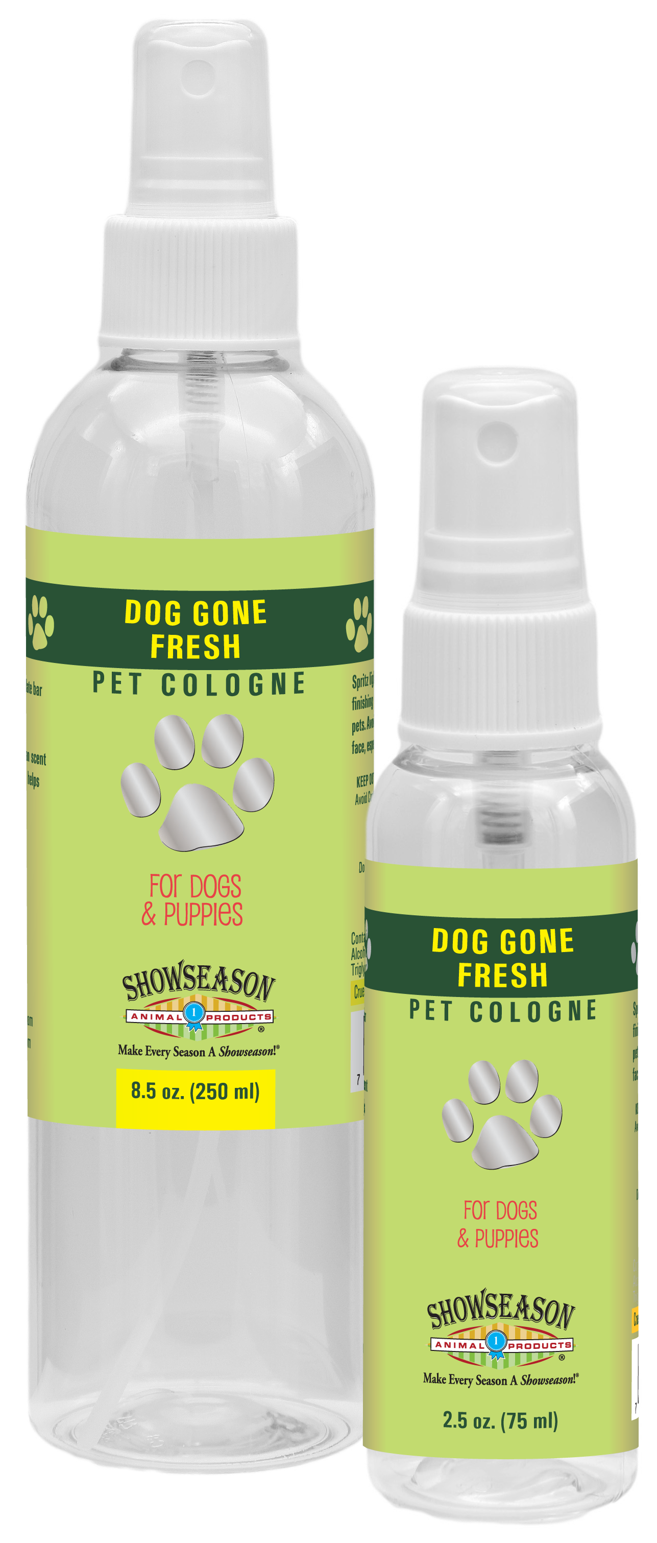 Dog gone pet cologne in 8.5 and 2.5 ounce pump spray bottles. 