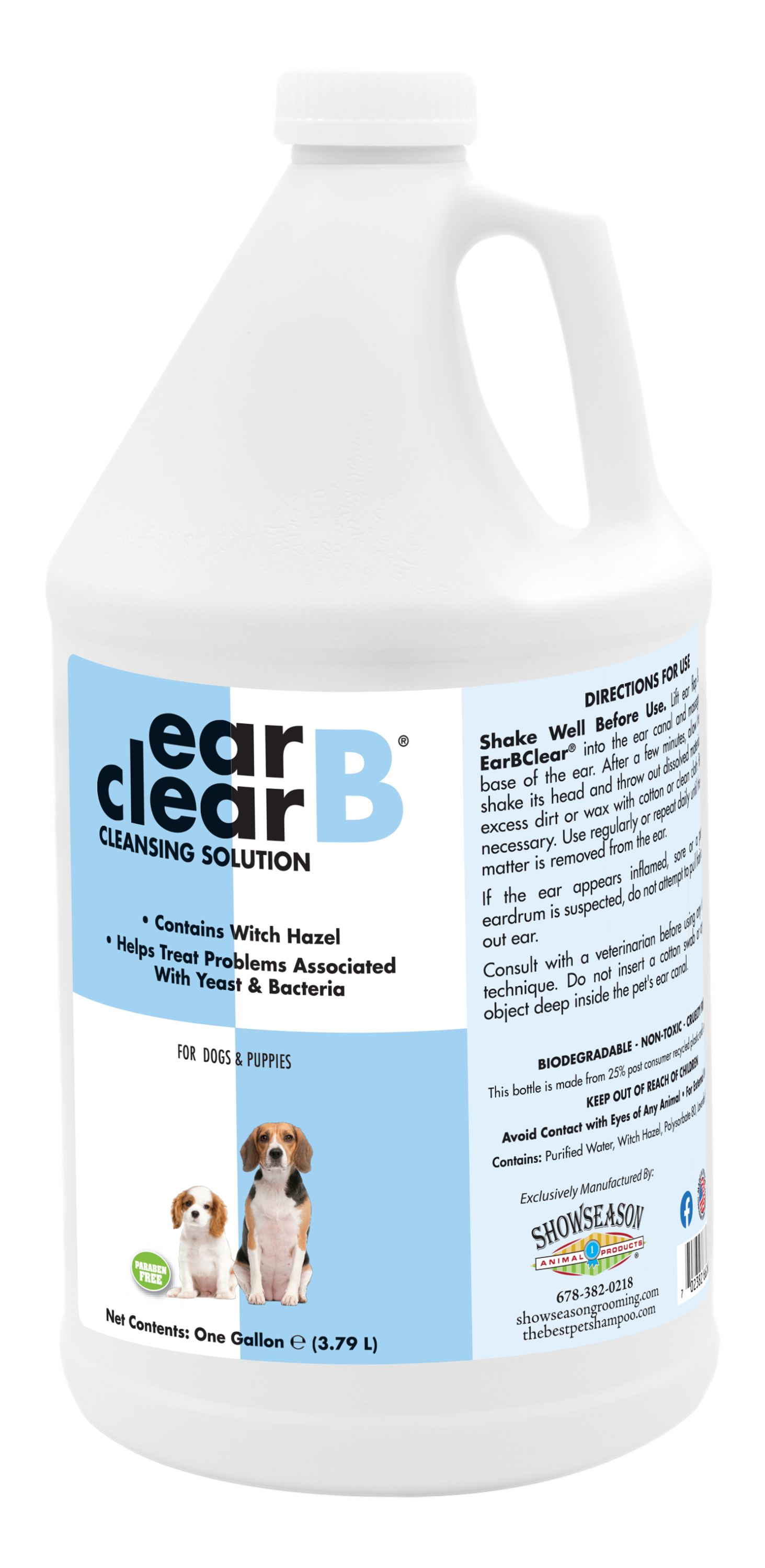 Ear B Clean Cleansing Solution with product information and instructions in a one gallon bottle. 