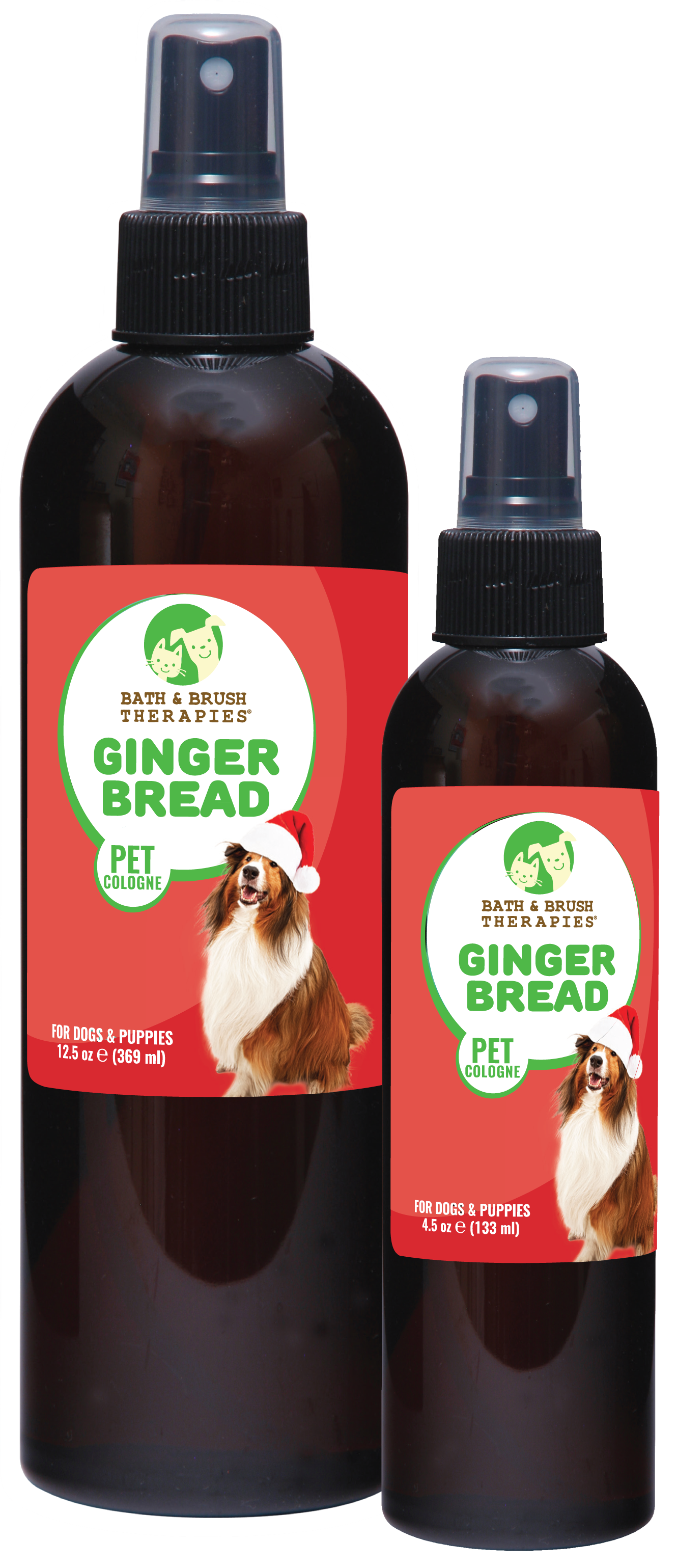 Ginger Bread Pet Cologne in 12.5 and 4.5 ounce pump spray bottles. 