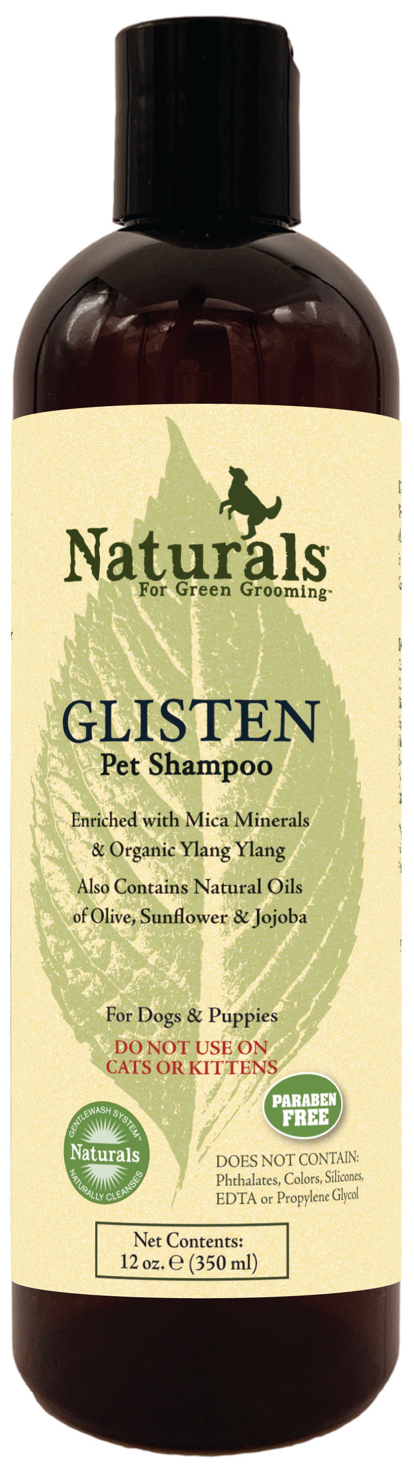 Glisten Pet Shampoo with ingredients and instructions in a 12 ounce bottle. 
