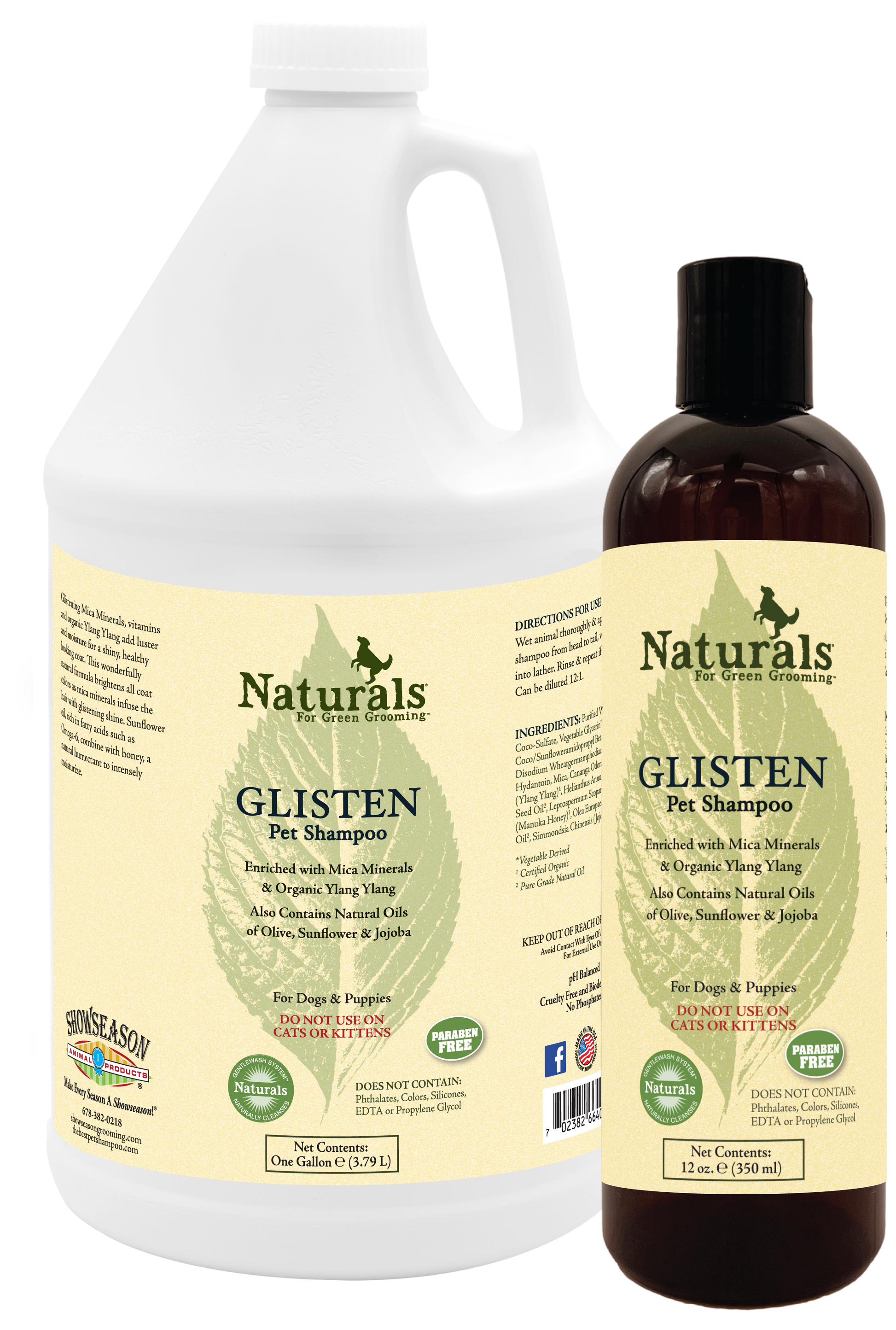 Glisten Pet Shampoo with instructions and ingredients in a one gallon and a 12 ounce bottle. 