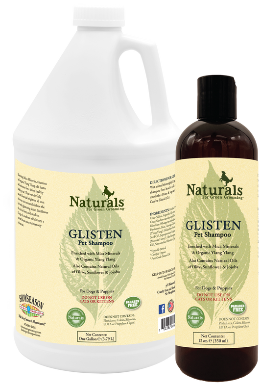 Glisten Pet Shampoo with instructions and ingredients in a one gallon and a 12 ounce bottle. 