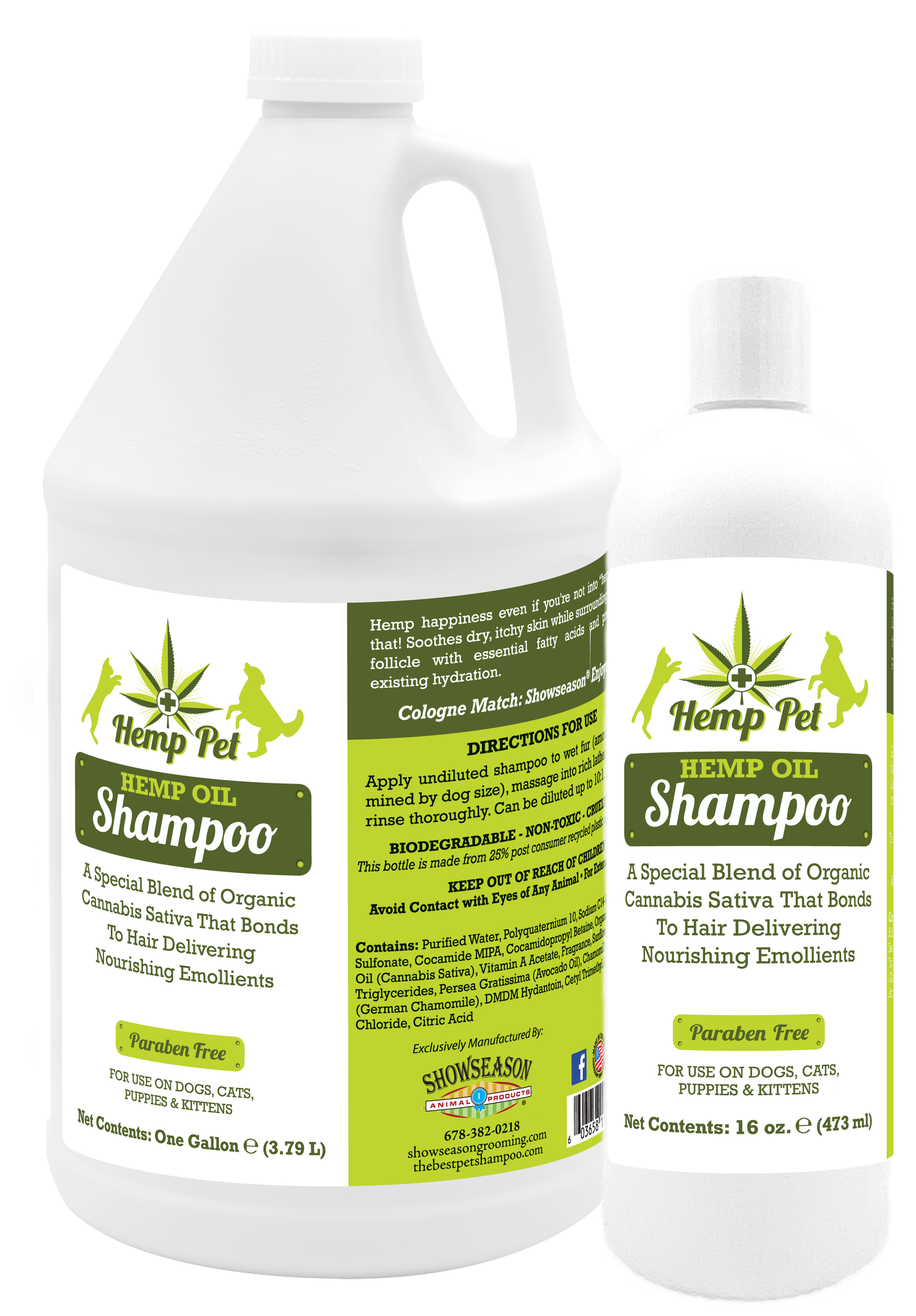 Hemp Oil Shampoo with product information in a one gallon bottle and a 16 ounce bottle. 