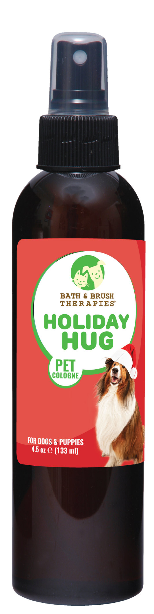 Holiday hug pet cologne in 4.5 ounce pump spray bottle. 