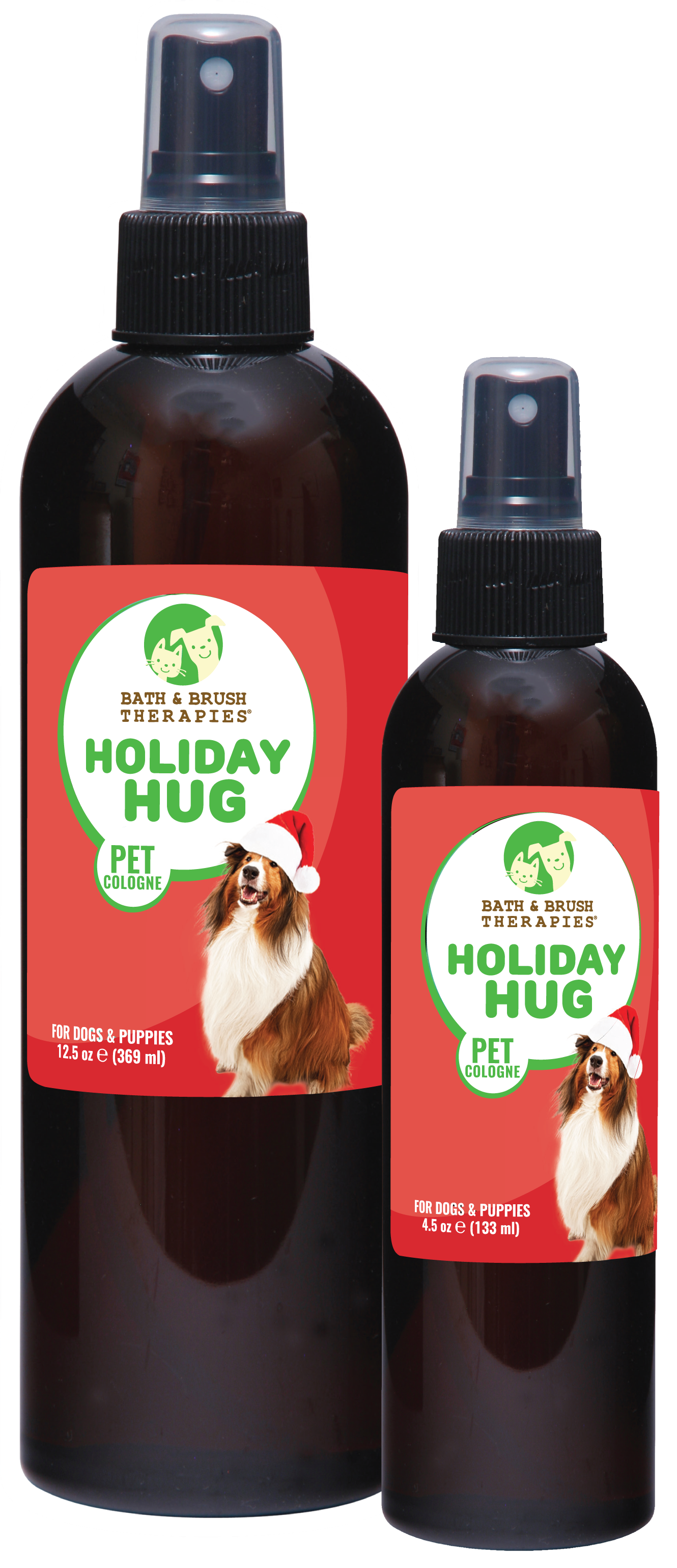 Holiday Hug Pet Cologne in 12.5 and 4.5 ounce pump spray bottle. 