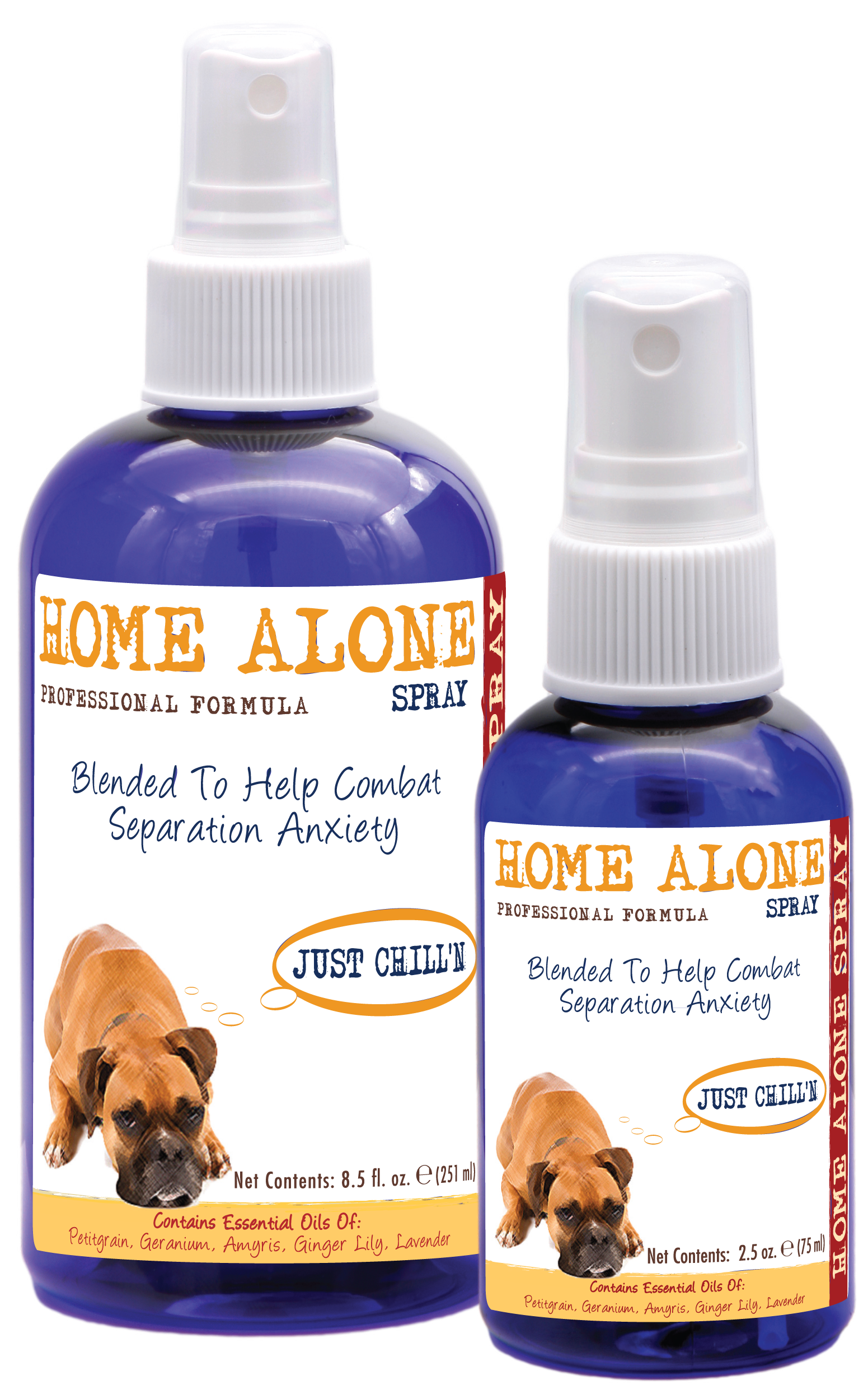 Home alone professional Separation anxiety spray in 8.5 and 2.5 ounce pump spray bottle. 