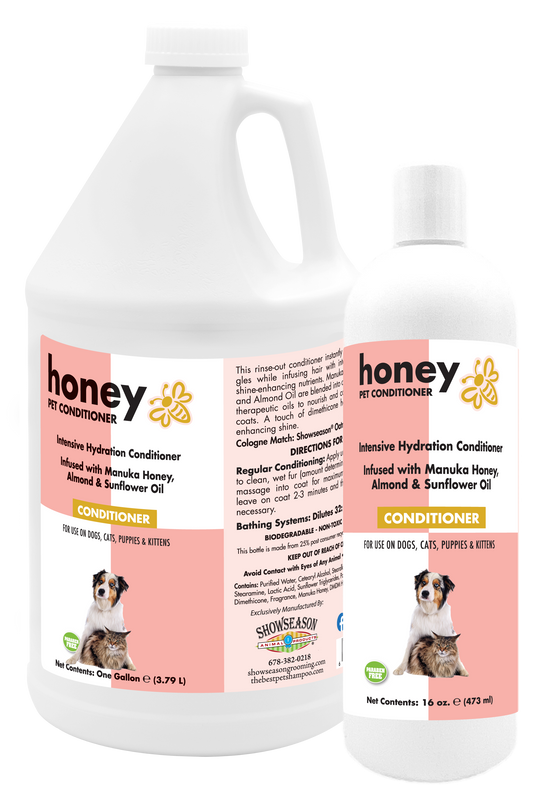 Honey Pet conditioner with product information in two bottle sizes, one gallon and 16 ounce. 
