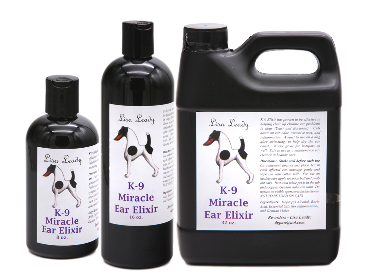K-9 Miracle Ear Elixir with product information in 32 ounce, 16 ounce, and 8 ounce bottles. 