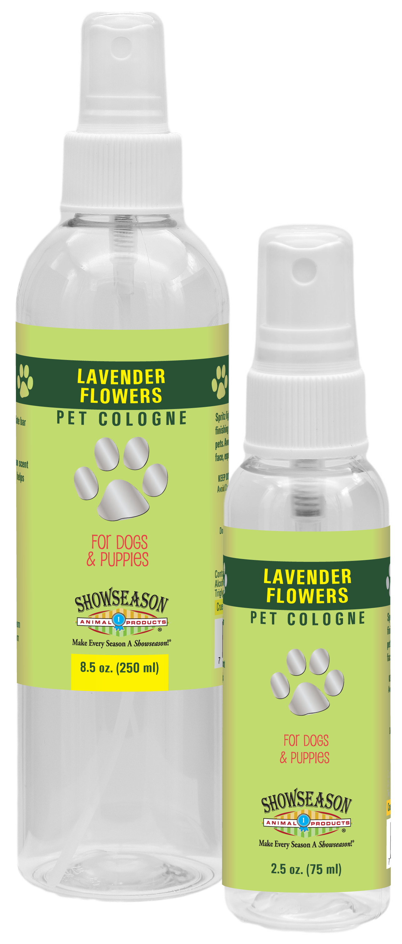 Lavender Flowers Pet Cologne in 8.5 and 2.5 ounces pump spray bottle. 